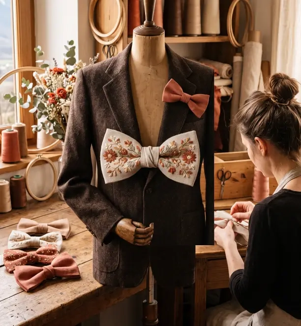 nœuds papillon brodés assortis pour les mariés et témoins avant la cérémonie