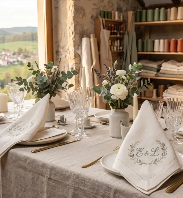 table de réception dressée avec serviettes brodées personnalisées aux initiales des mariés