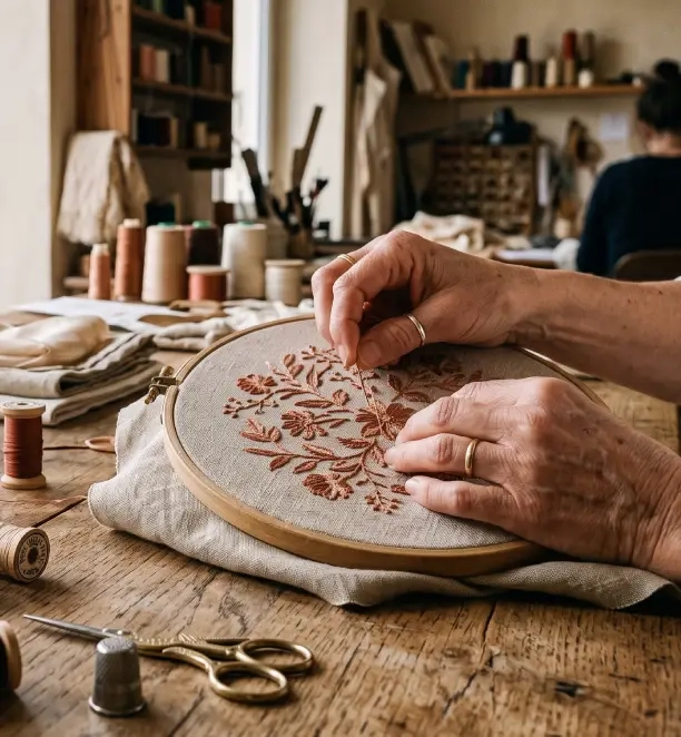 mains d’une artisane façonnant à l’aiguille un motif dans l’atelier de broderie personnalisée