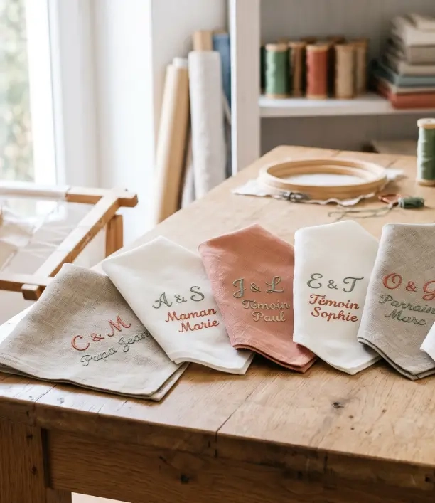 mouchoirs et pochettes brodés assortis préparés en cadeaux pour les témoins de mariage
