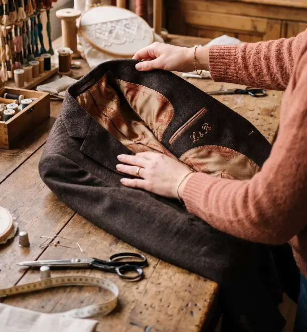 détail discret d’une broderie personnalisée glissée dans la doublure d’un costume de marié