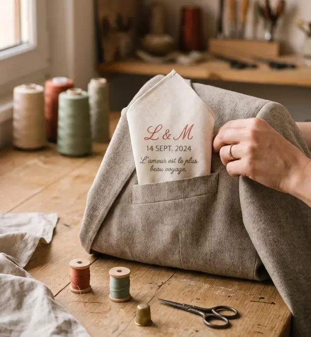 mouchoir en tissu brodé d’initiales, d’une date et d’une courte citation pour mariage