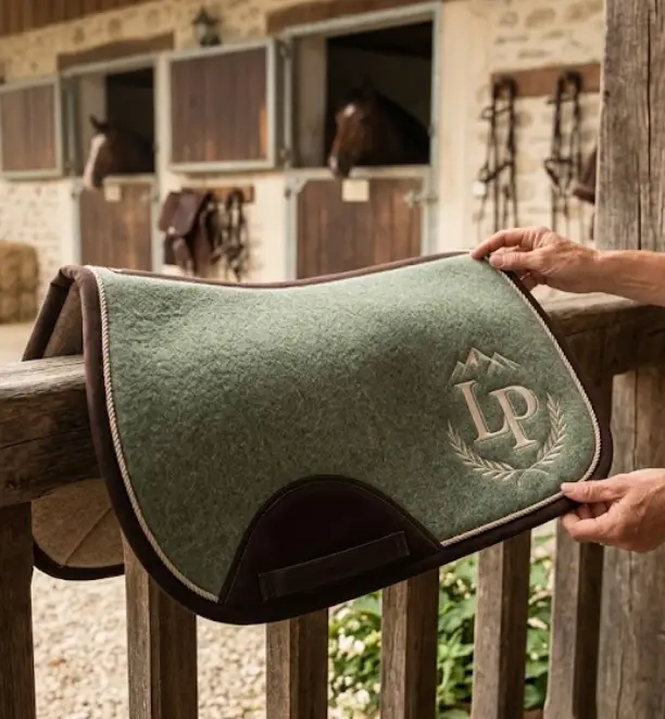 tapis de selle brodé aux initiales d’un cavalier posé en écurie