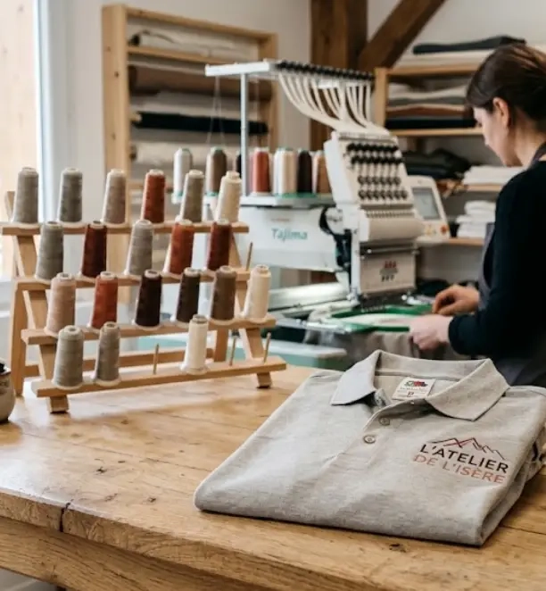 polo brodé d’un logo d’entreprise plié avec soin dans l’atelier