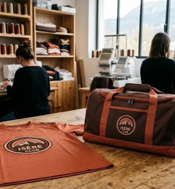 maillot de club et sac de sport brodés présentés côte à côte