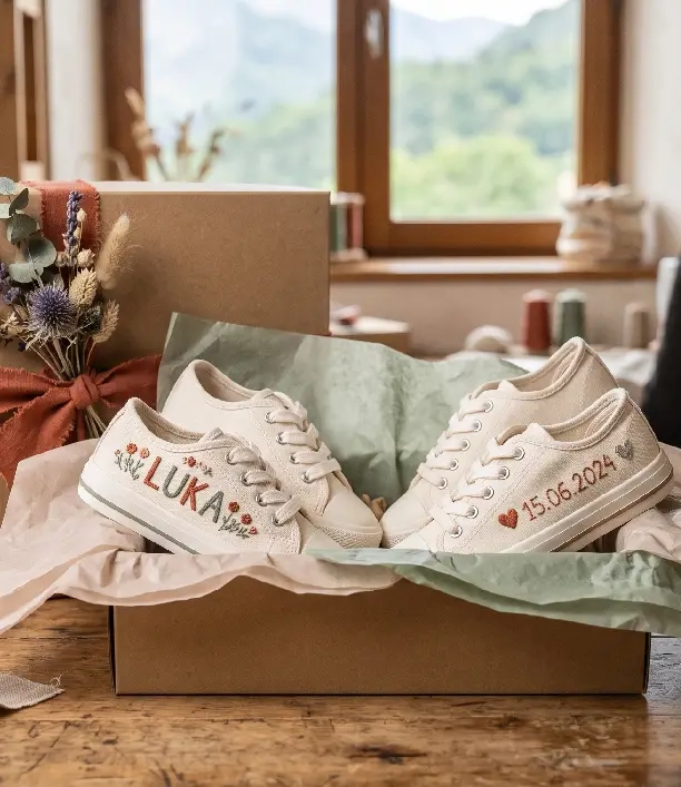 Deux paires de baskets brodées personnalisées présentées comme cadeaux pour un événement