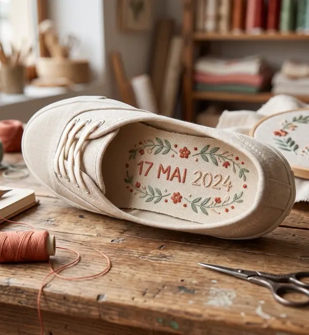 Date de mariage brodée à l’intérieur d’une chaussure personnalisée, fils colorés assortis