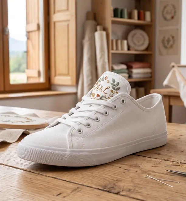 Basket blanche brodée posée sur un établi d’atelier de broderie artisanale