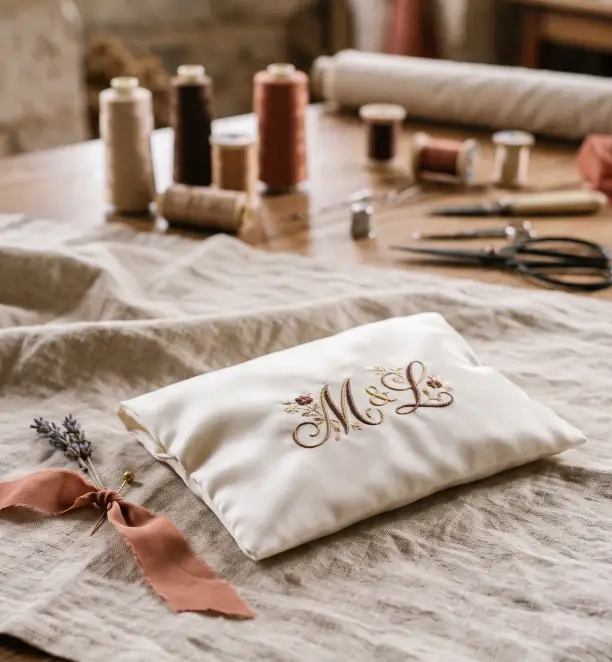 pochette lingerie brodée d’initiales entrelacées, attention raffinée et discrète