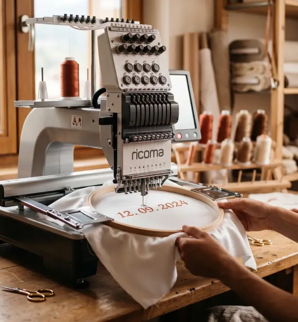Aiguille de broderie professionnelle traçant un motif sur un tissu blanc de mariage