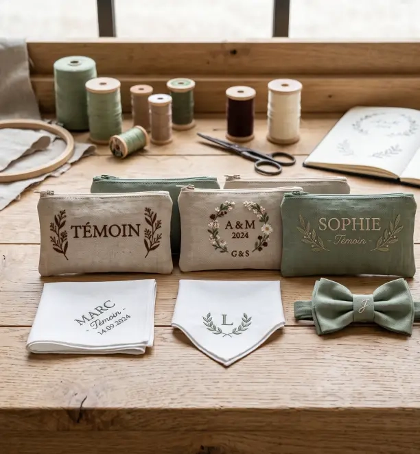 accessoires brodés assortis préparés en cadeaux pour les témoins de mariage