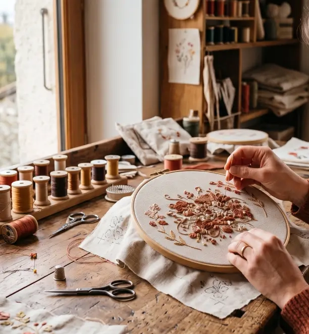 mains d’artisane brodant un cadeau personnalisé pour un mariage en atelier