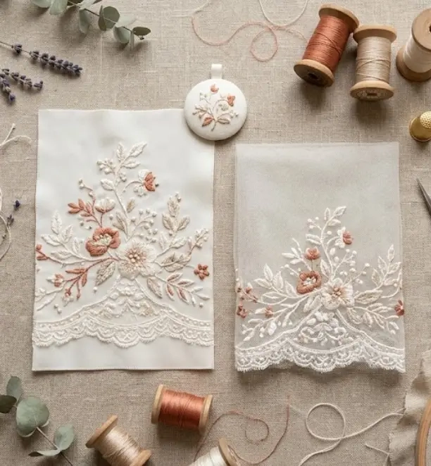 robe, voile et accessoires brodés d’un motif coordonné pour le mariage