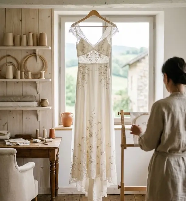 robe de mariée suspendue avant personnalisation par la broderie