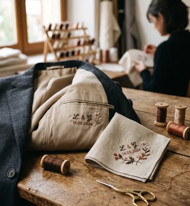 broderie discrète cachée dans la doublure d’une veste de marié