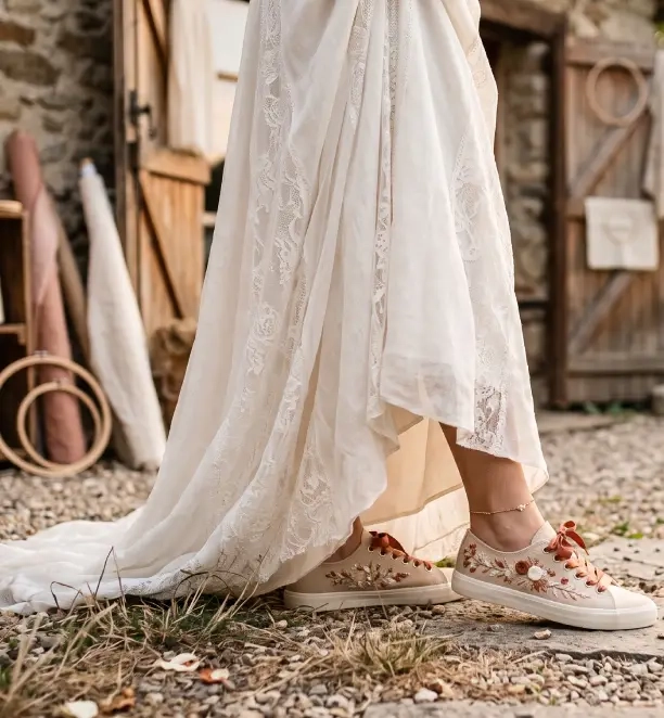 baskets de mariage brodées portées par une mariée en extérieur
