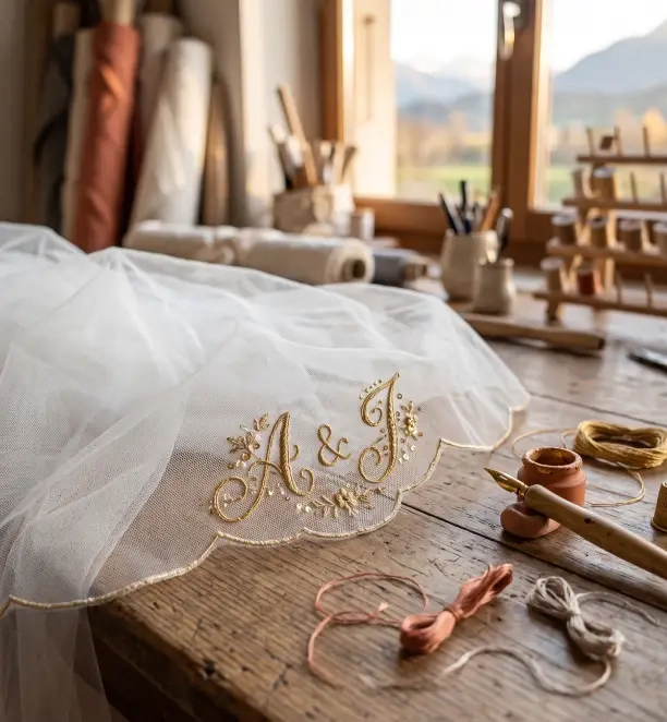 Vérification minutieuse de la matière d’un voile de mariée avant broderie personnalisée