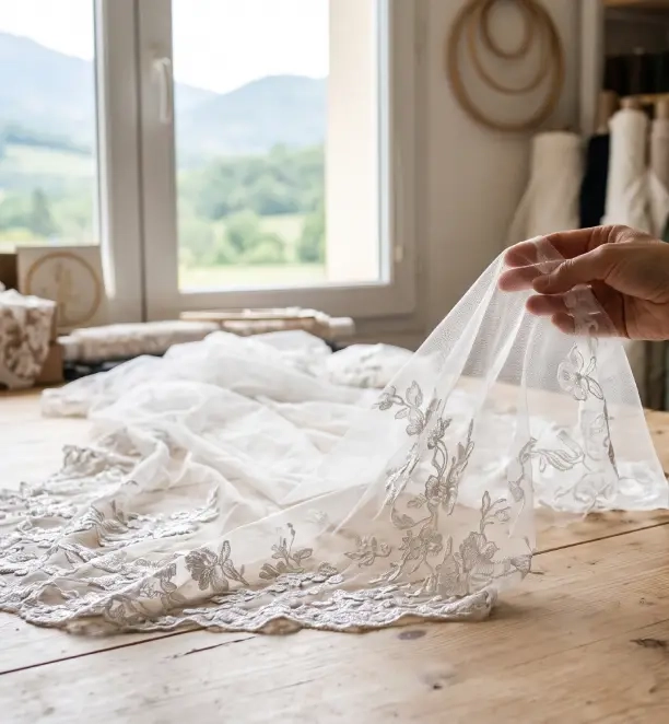 Housse brodée et pince de présentation assorties pour protéger un voile de mariée
