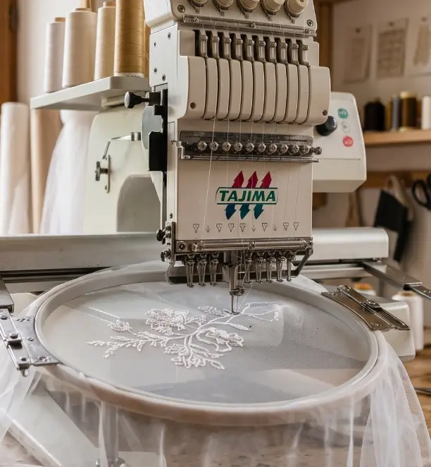 Aiguille de machine à broder façonnant un motif fin sur un voile en tulle