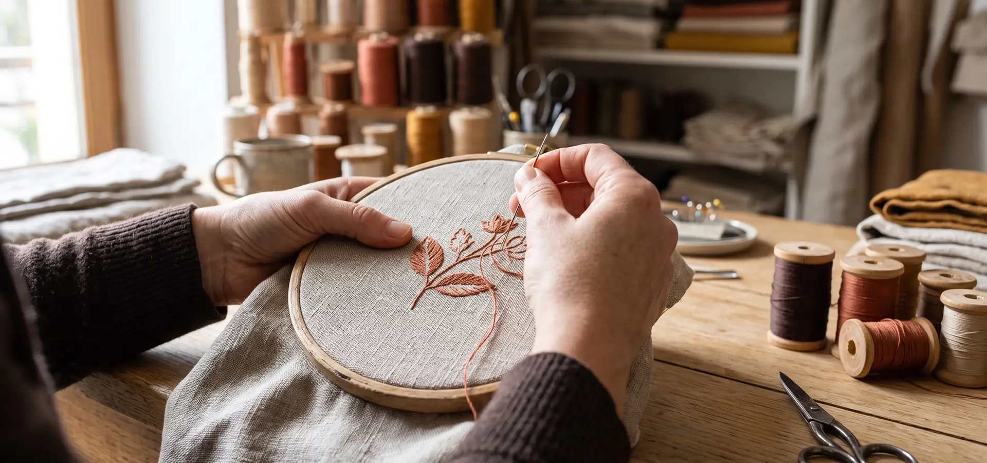 geste de broderie main sur tissu neutre dans l’atelier en Isère