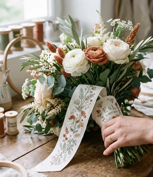 cadre souvenir brodé à partir d’un tissu de mariage