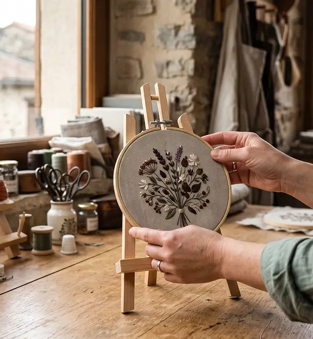 mains présentant une broderie personnalisée soignée sur un établi
