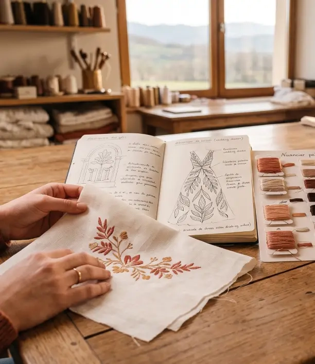 qualité des finitions de l’atelier de broderie de mariage Au Fil des Alpes