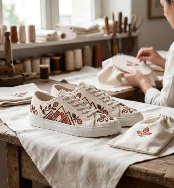 chaussures en toile brodées et leur pochette de rangement assortie