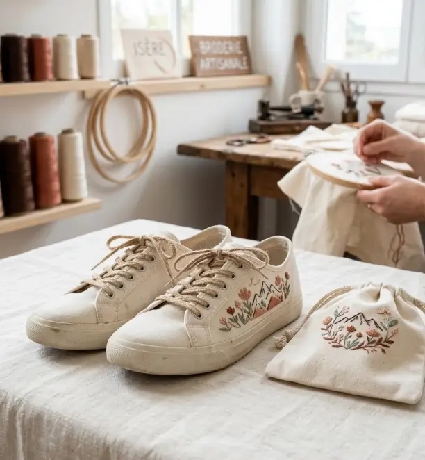 chaussures en toile brodées et leur pochette de rangement assortie