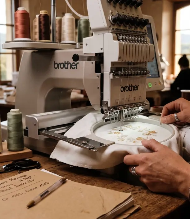 Pochette en tissu brodée posée à côté d’une paire de chaussures de mariée