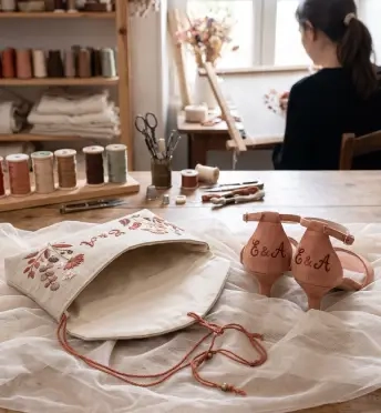 Pochette en tissu brodée posée à côté d’une paire de chaussures de mariée